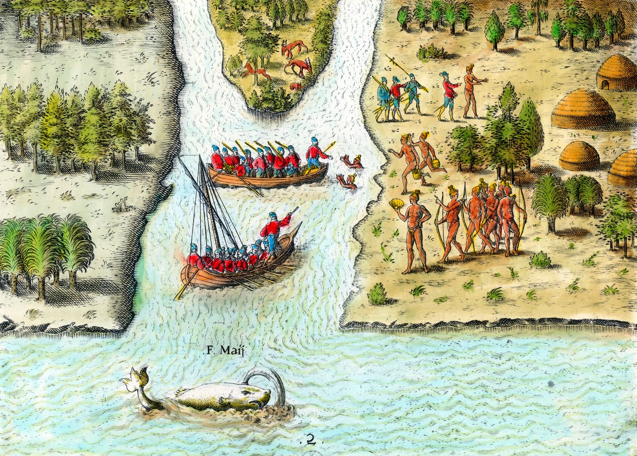 A navegação dos franceses na América do Sul no século XVI". Uma baleia é representada. Gravura da "História da América" de Theodore De Bry (1528-1598) Coleção Privada do século XVI de Theodore de Bry