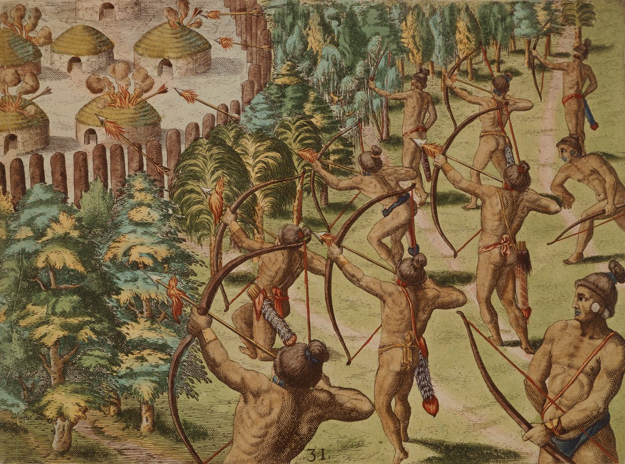 Ataque nocturno a uma aldeia indígena com setas flamejantes de Theodore de Bry