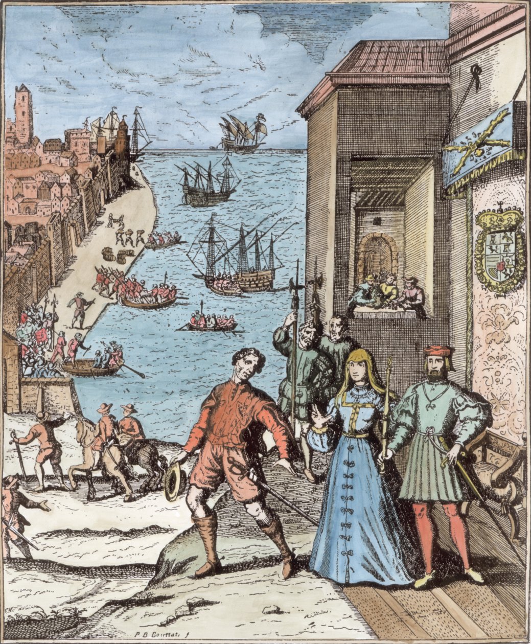 Partindo de Colombo com Ferdinand e Isabella, de "História Narrativa e Crítica da América", editado por Justin Winsor, Londres, 1886 (gravura) (posterior coloração) de Theodore de Bry