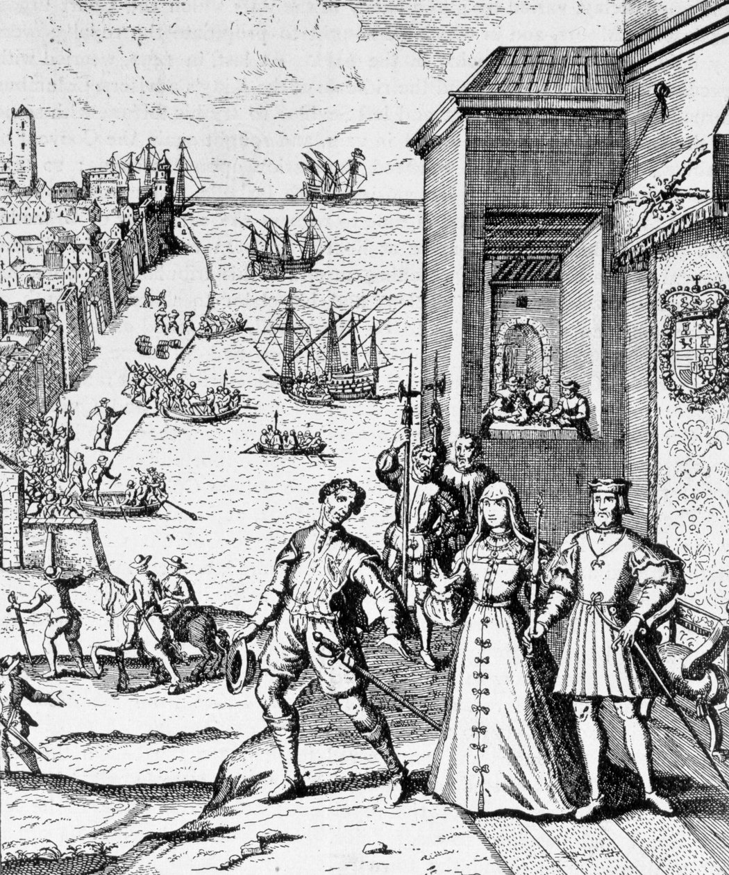 Partindo de Colombo com Ferdinand e Isabella, de "A História Narrativa e Crítica da América", editado por Justin Winsor, Londres, 1886 de Theodore de Bry