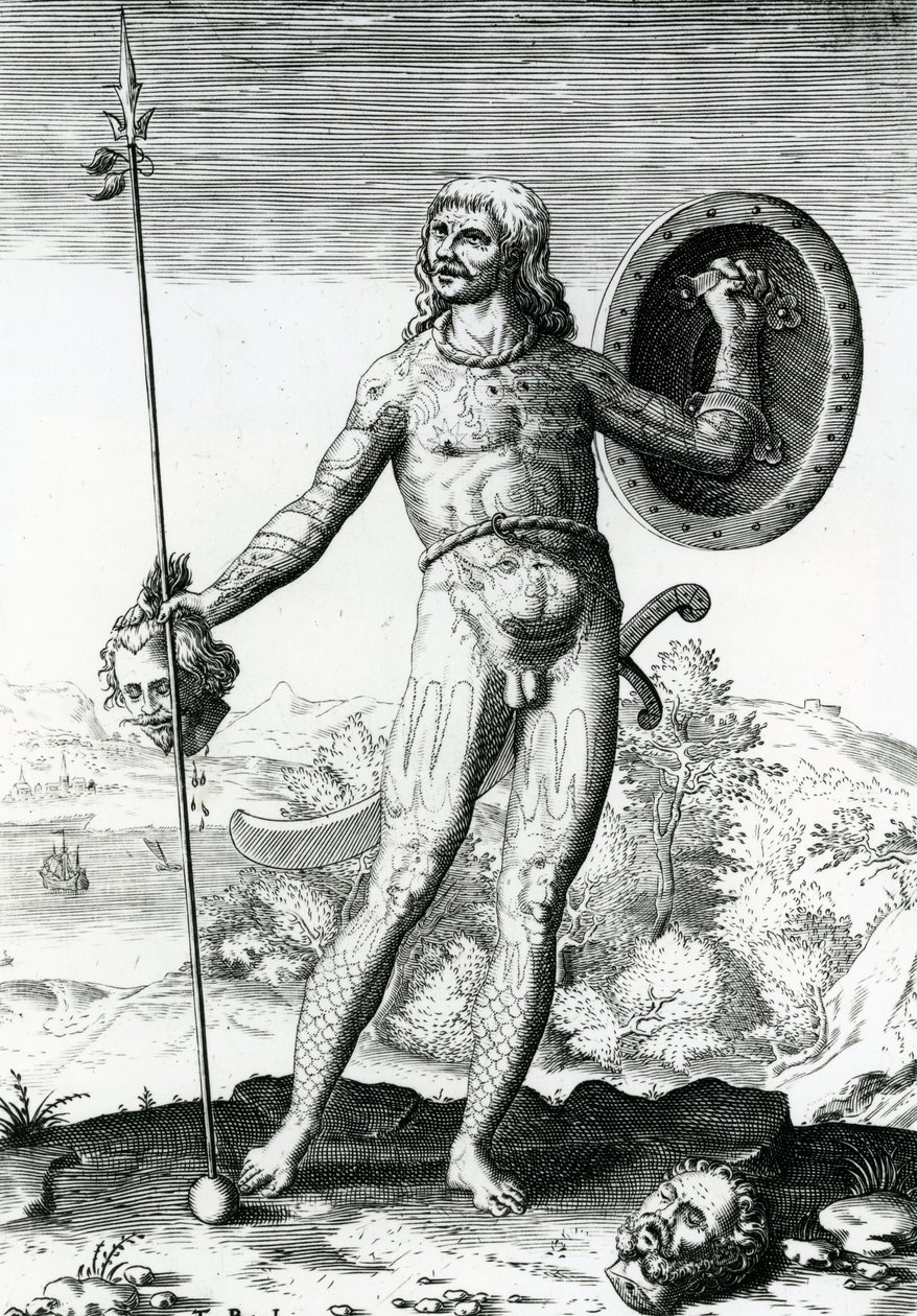 Pictish homem segurando uma cabeça humana de Theodore de Bry
