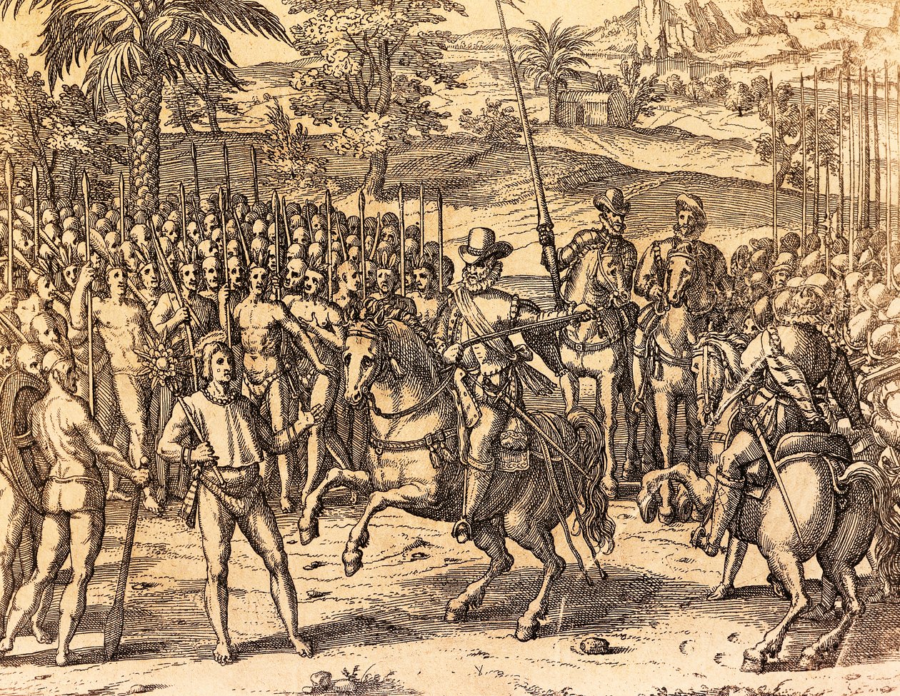 Pizarro sendo bem recebido pelos Nativos, Ilustração da História Americana por Theodore de Bry de Theodore de Bry