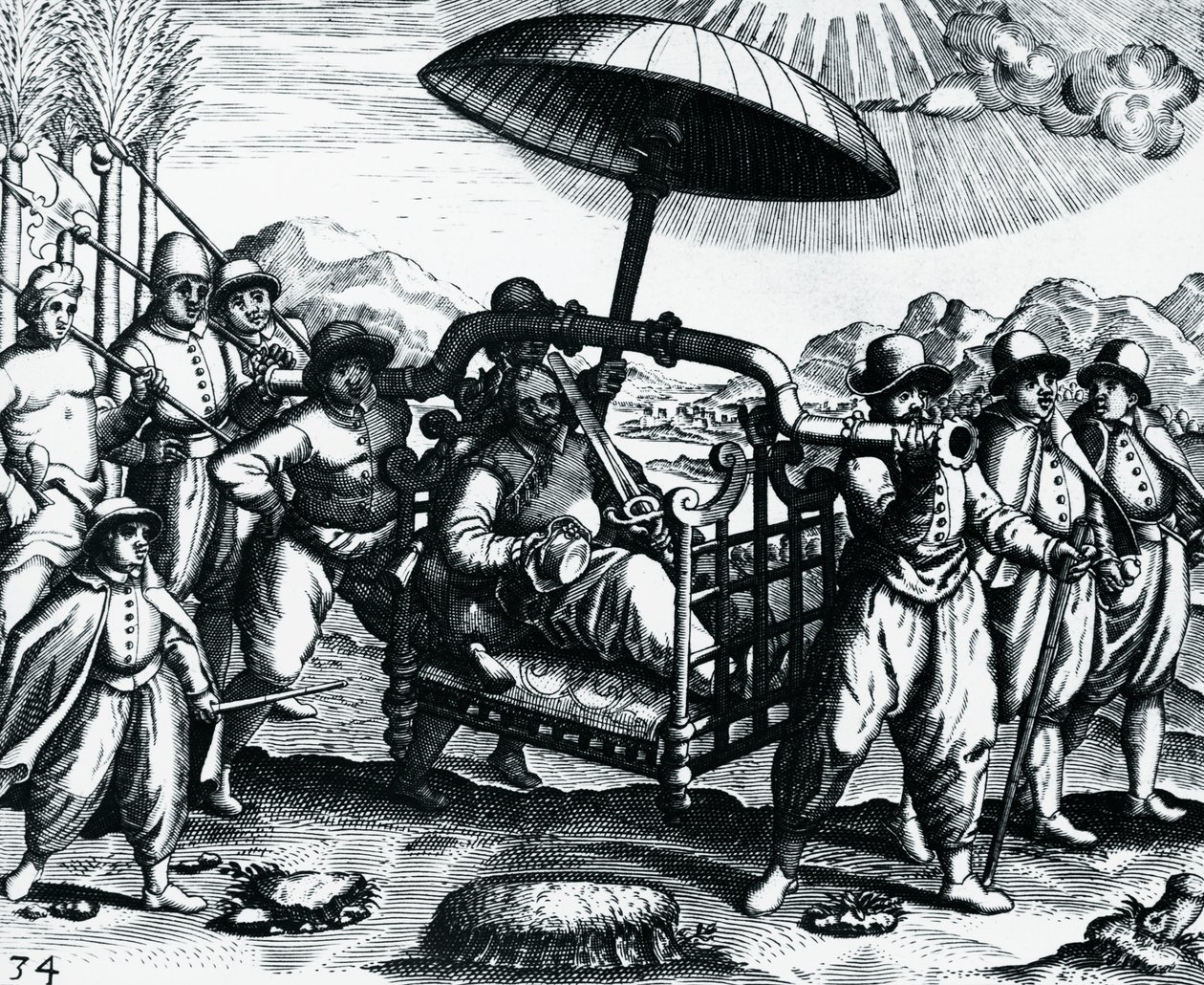 Português na Índia, sendo transportado em ninhada, gravura de Peregrinationes, por Theodor de Bry (1528-1598), Índia de Theodore de Bry