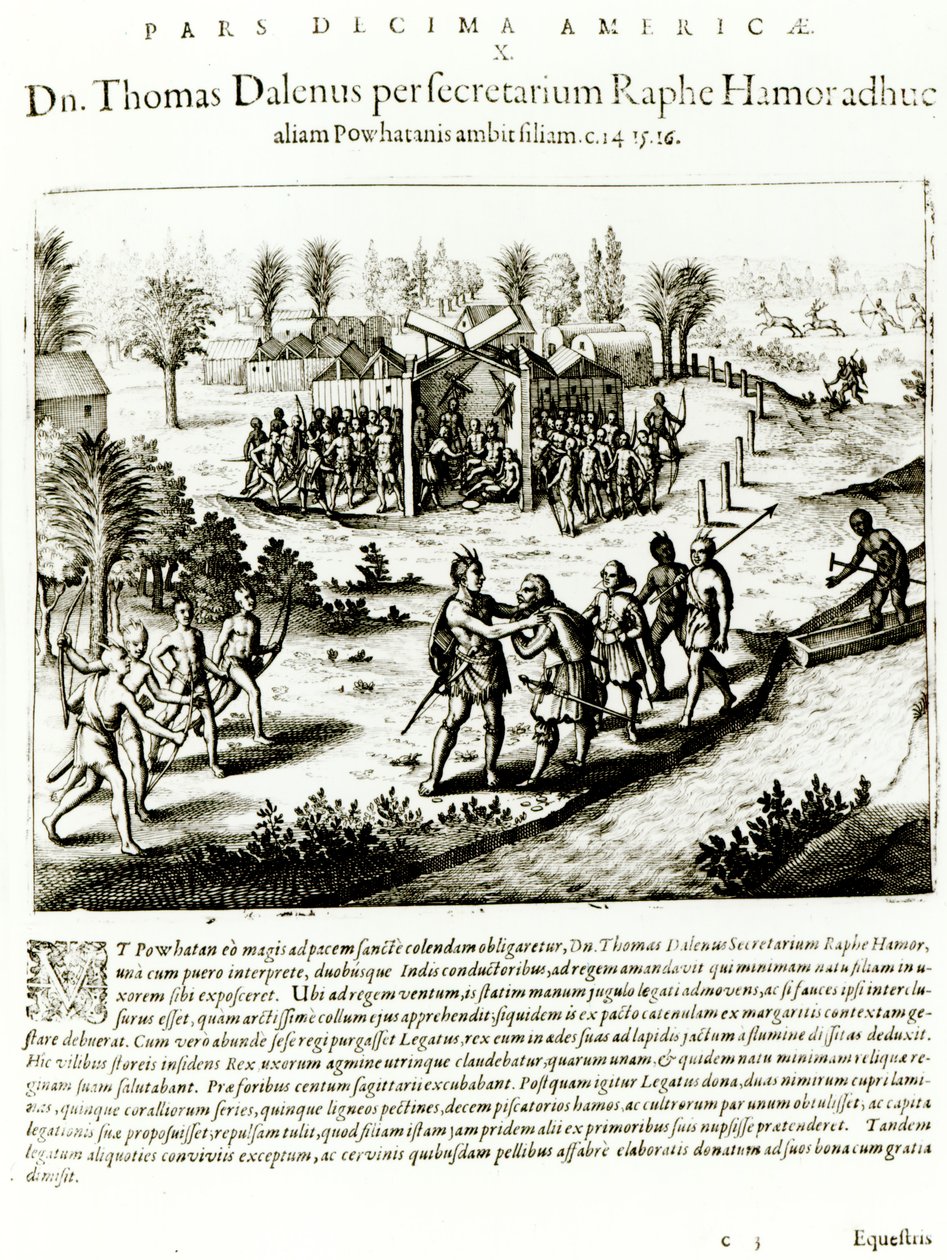 Ralph Hamor visita Powhatan, 1619 (gravura) (foto bw) de Theodore de Bry