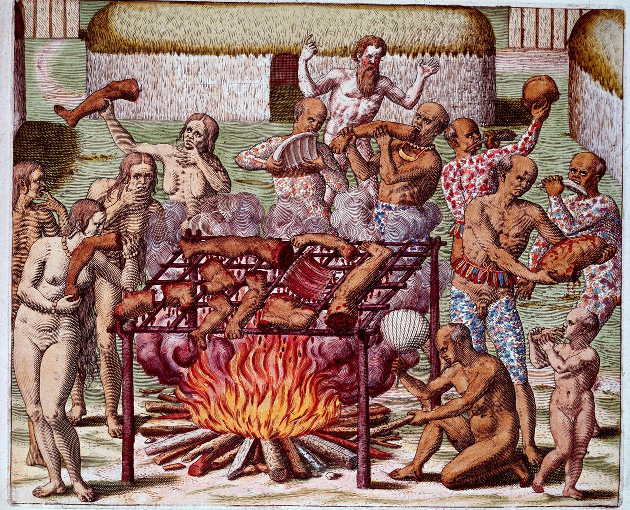 Cena de Canibalismo no Brasil Índios devoraram seus inimigos e prisioneiros. Gravura de "Admirante Narratio Americae" de Theodore de Bry (1528-1598) de Theodore de Bry