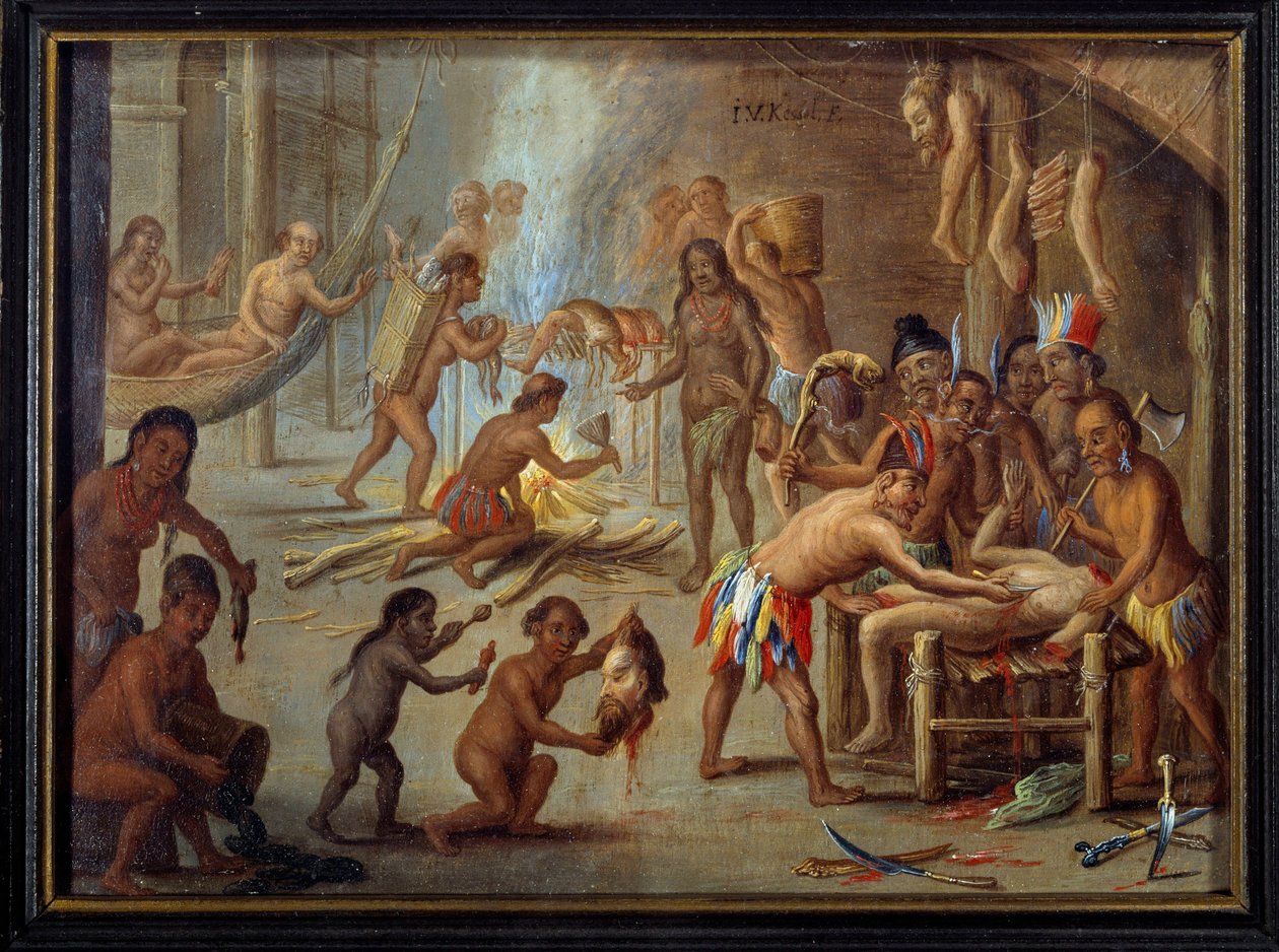 Cena de canibalismo no Brasil em 1644 Os índios devoraram seus inimigos e prisioneiros. Pintura de Jan van Kessel dit le vieux (1626-1679) (ec.flam.) a partir de uma ilustração das viagens de Theodore de Bry ao Brasil. Sol. 0,18x0,24 m La Rochelle, musee d de Theodore de Bry