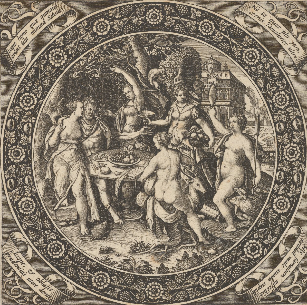 Cena com uma festa de amor em um círculo no centro, 1580-1600. de Theodore de Bry