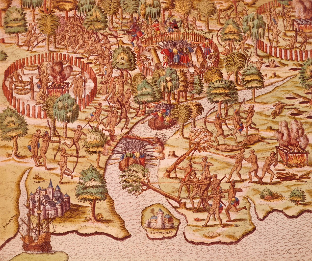Tácticas de cerco e ataque em confrontos entre nativos e conquistadores de Theodore de Bry