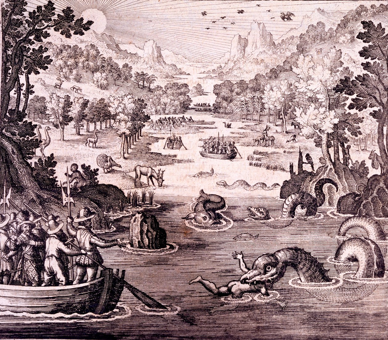 Sir Walter Raleigh: A Descoberta do Grande, Rico e Belo Império da Guiana, de "Newe Weld un Americanische Historien", de Johann Ludwig Gottfried, 1631 de Theodore de Bry