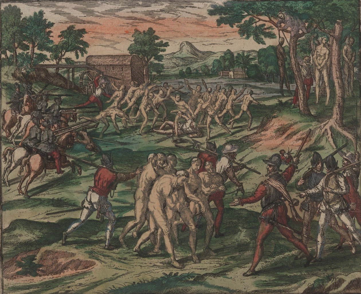 Os escravos tentam superar seus donos espanhóis, mas são capturados e enforcados em árvores, em 1595. de Theodore de Bry