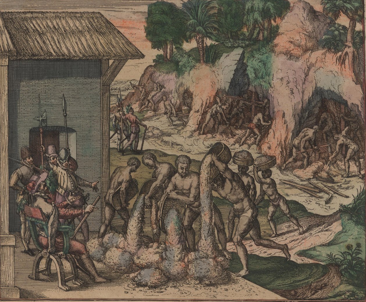 Escravos despejam minério na frente de soldados europeus. No fundo, os escravos trabalham nas minas, 1595. de Theodore de Bry