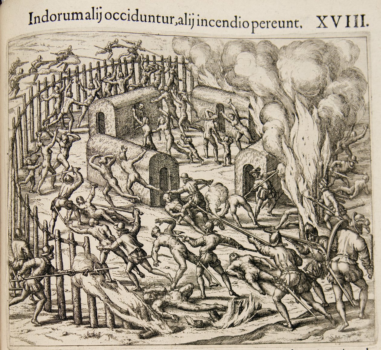 Alguns índios são mortos, outros morrem em um incêndio. De: Americae pars qvarta de Theodore de Bry