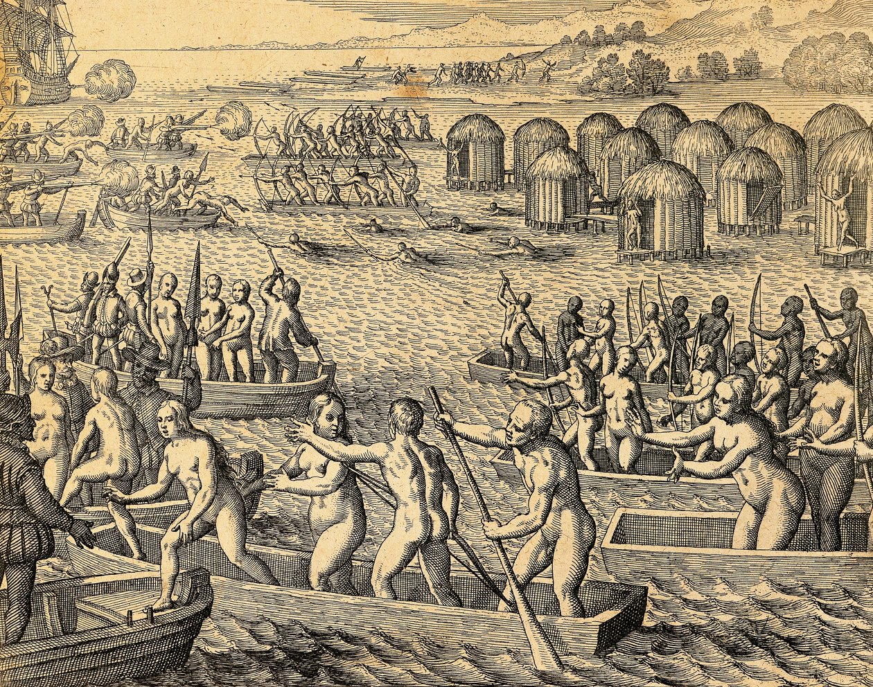 Nativos sul-americanos a atacar os navios dos conquistadores de Theodore de Bry