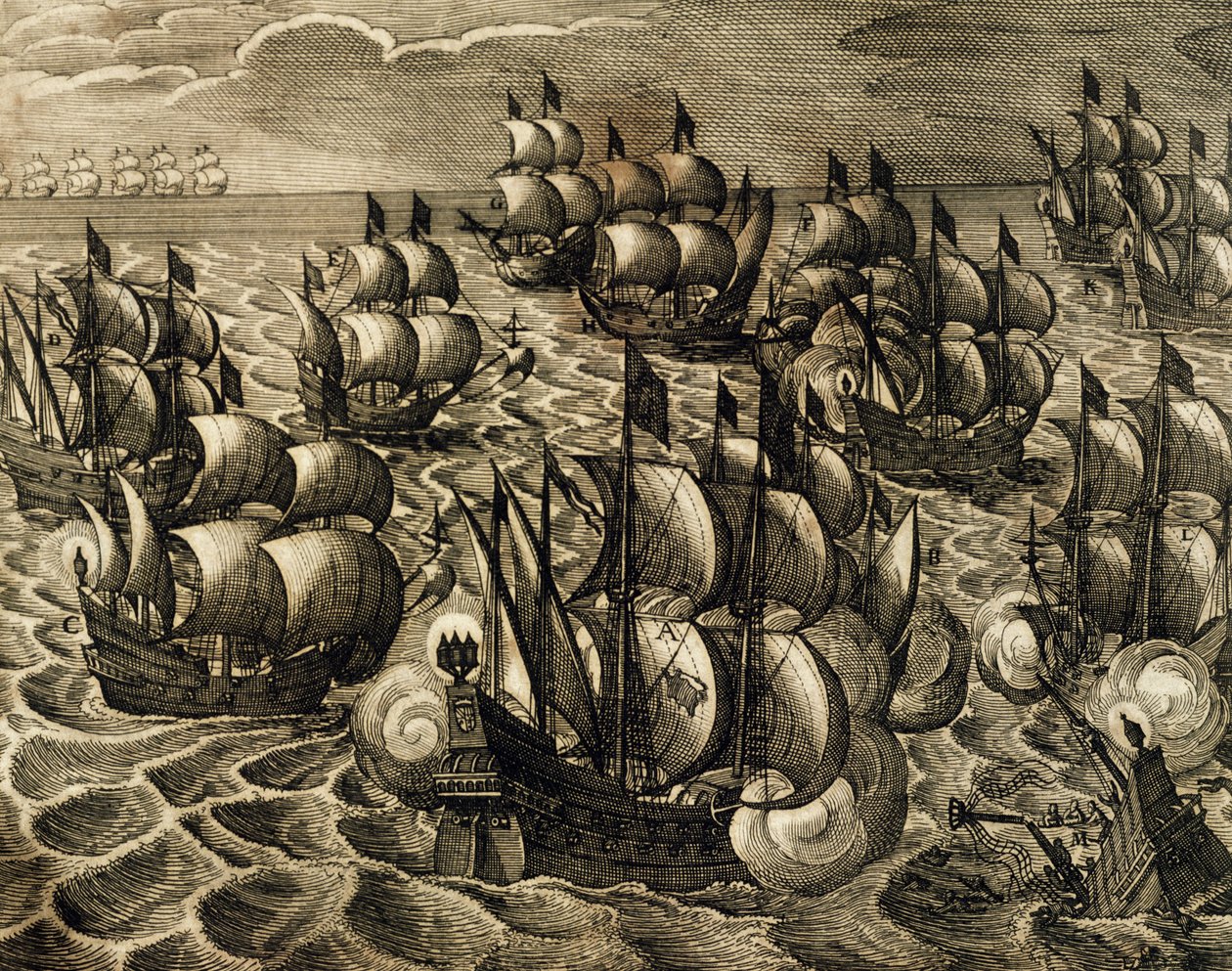 Comando armada espanhola de Rodrigo Mendoza, gravura de Theodore de Bry (1528-1598) tirada de História da América por Theodore de Bry, Espanha,1602 de Theodore de Bry