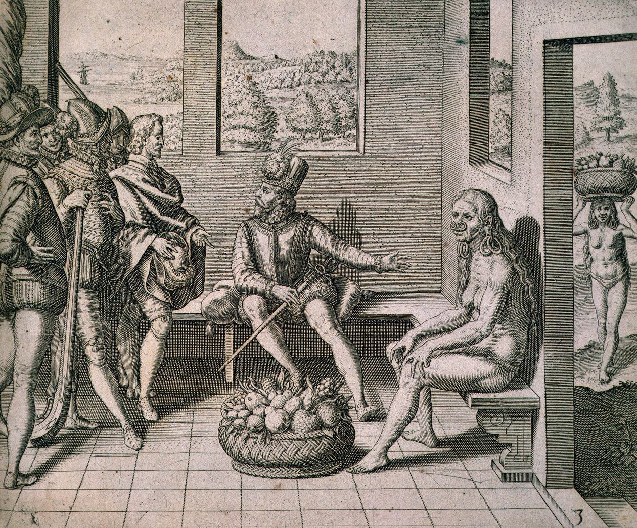 Conquistadores espanhóis encontram mulheres nativas na américa, por Theodore de Bry de Theodore de Bry