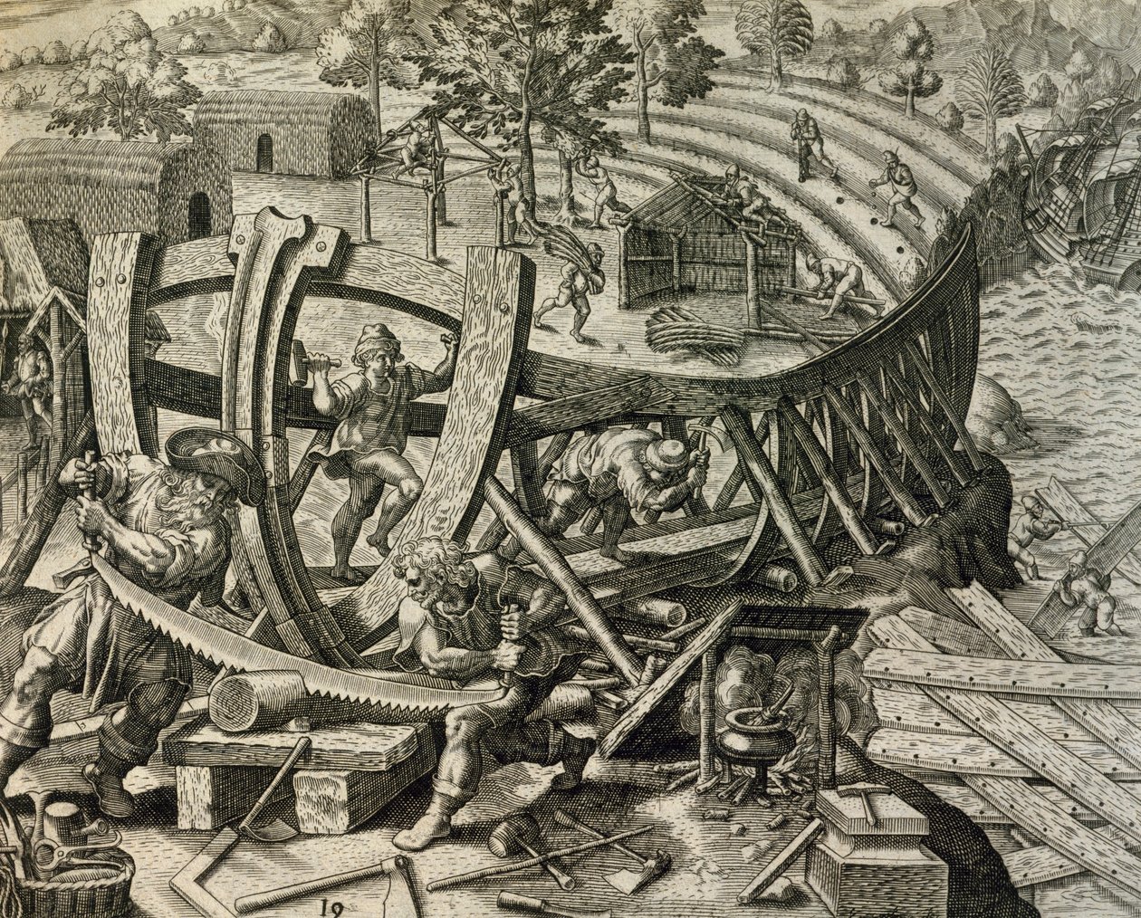 Marinheiros espanhóis construindo caravela, gravura de Historia Americae, de Theodor de Bry (1528-1598) de Theodore de Bry