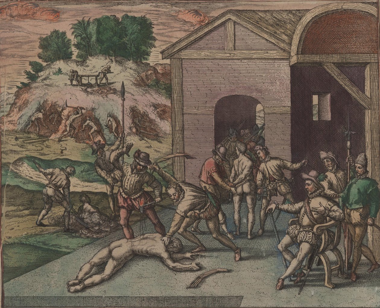 Os soldados espanhóis observam e executam a punição de um escravo, 1595. de Theodore de Bry