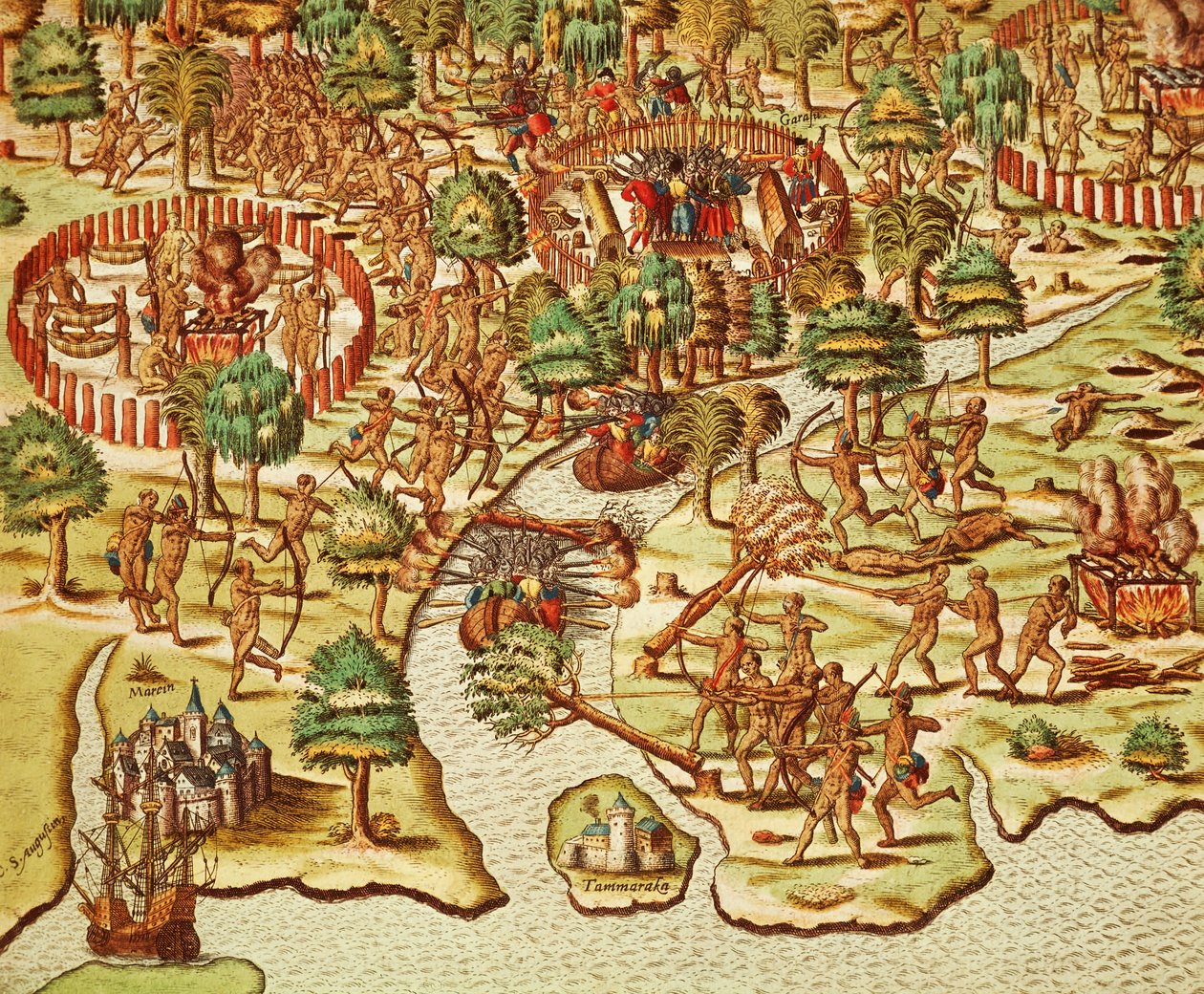 Técnicas de cerco e ataque, gravadas por Theodor de Bry (1528-1598), de Americae tertia pars de Theodore de Bry