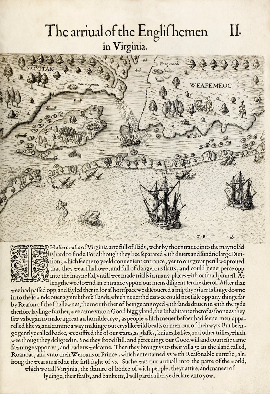 A Chegada dos Ingleses à Virgínia", de "A Briefe and True Report of the New Found Land of Virginia", de Thomas Harriot (gravura) de Theodore de Bry