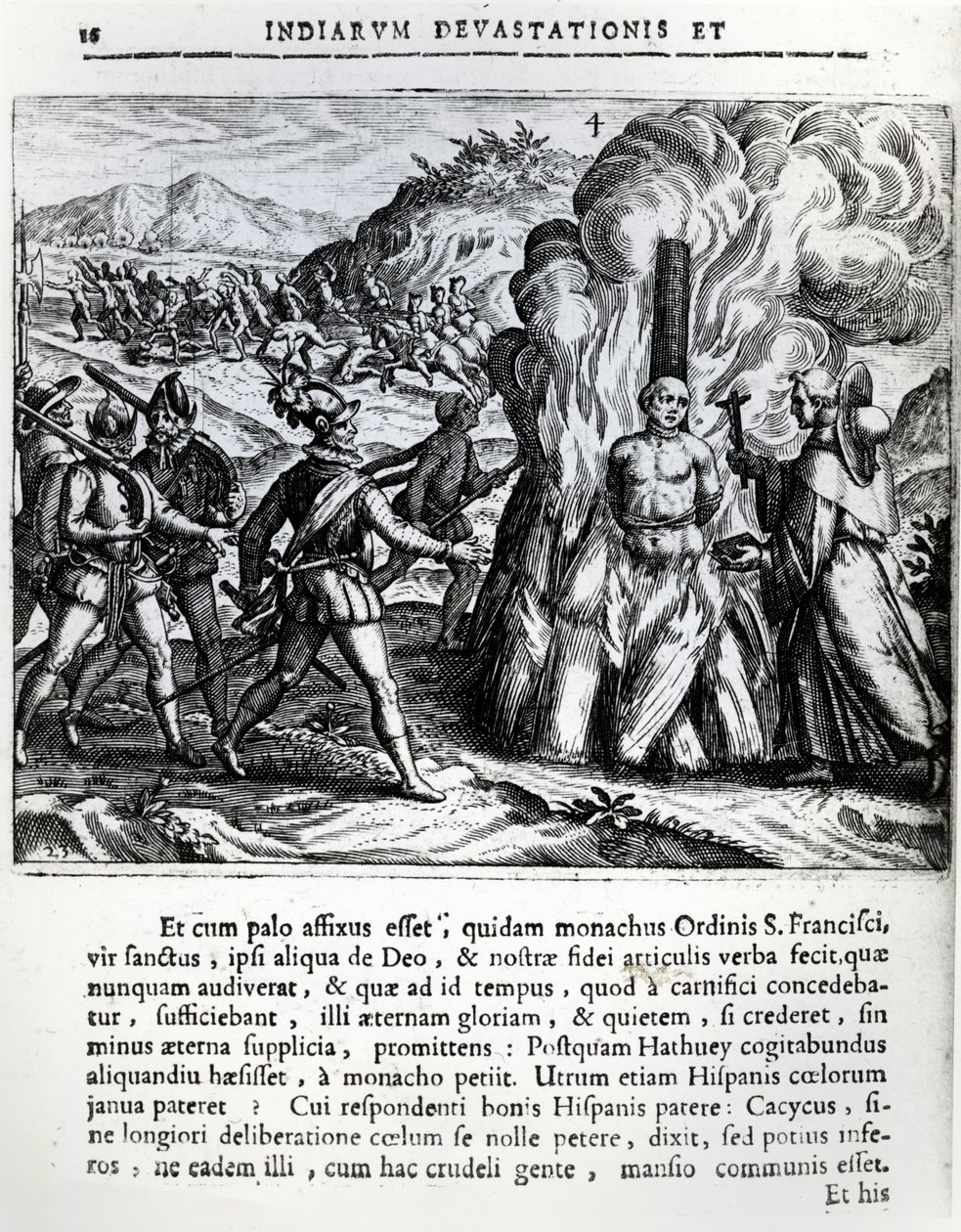 A queima de Hatuey pelos espanhóis em Yara, Cuba, em 2 de fevereiro de 1512, 1664 de Theodore de Bry