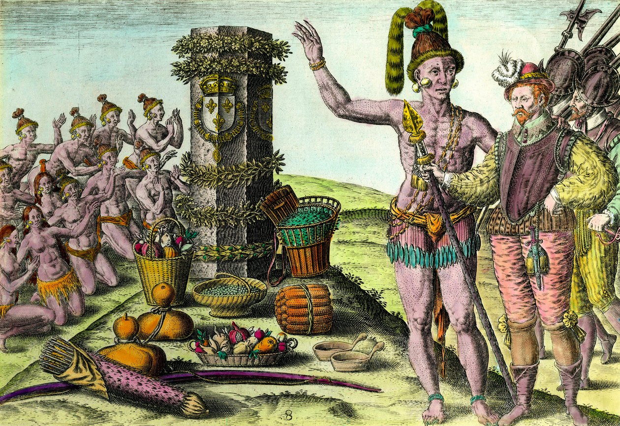 Os Floridians vieram a coluna erigida pelo navegador francês Jean Ribault (1520-1565) da primeira expedição à Florida Gravura da "História da América" por Theodore De Bry (1528-1598) Coleção Privada do século XVI de Theodore de Bry