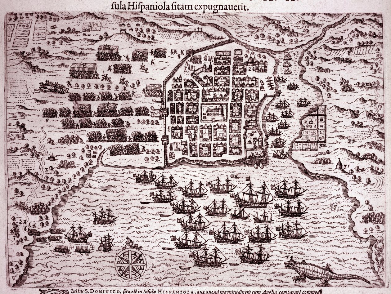 A frota Francis Drake ocupa a ilha de Santo Domingo (Gravura de Theodore de Bry
