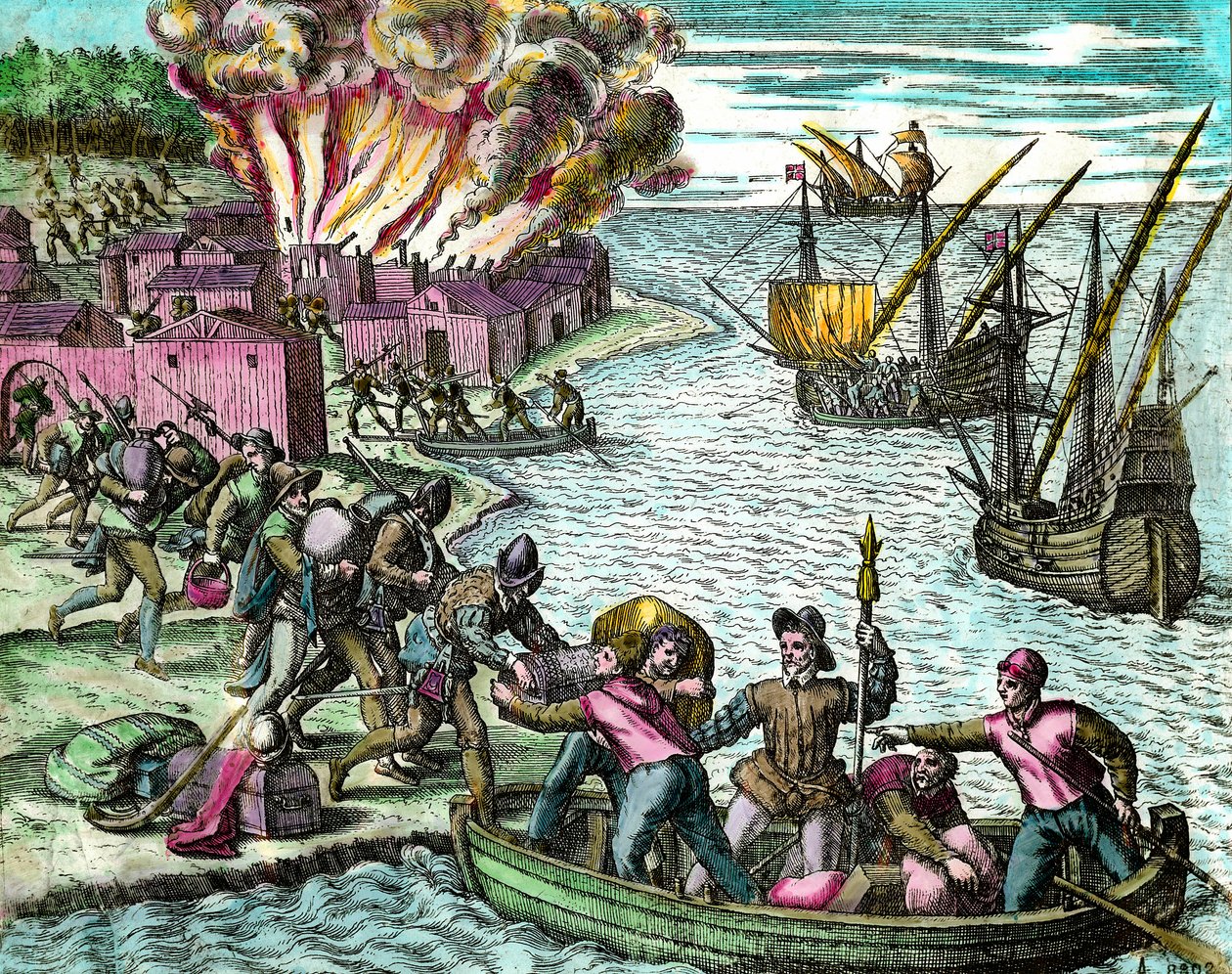 Os franceses pilham e queimam a cidade de Chioreran Engraving da "História da América" de Theodore de Bry (1528-1598) Coleção Privada do século XVI de Theodore de Bry