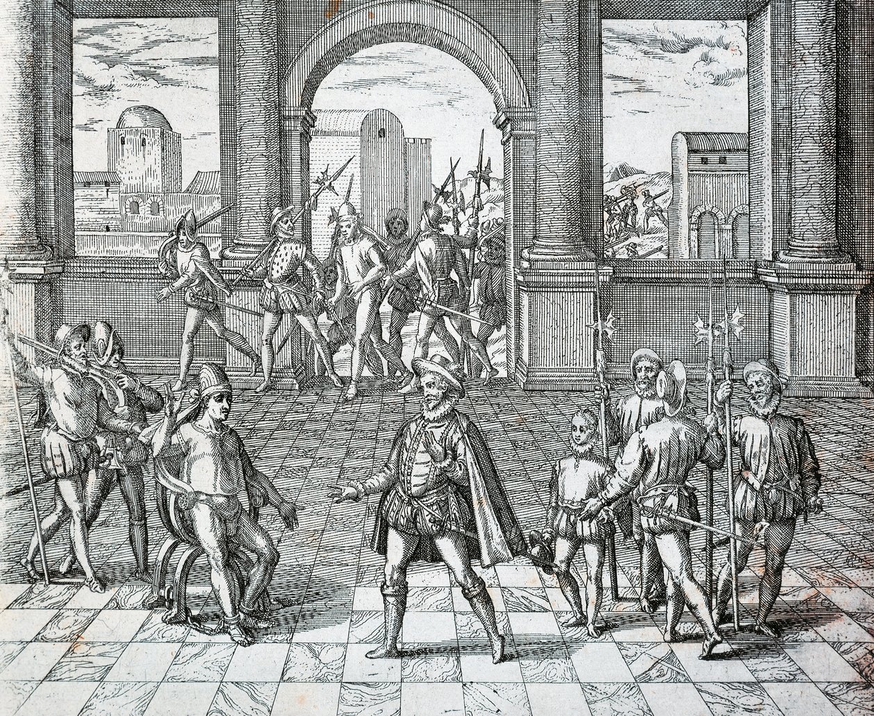 O Rei Inca Atahualpa é feito prisioneiro por espanhóis em Cajamarca, Illuistration from American History por Theodore de Bry de Theodore de Bry