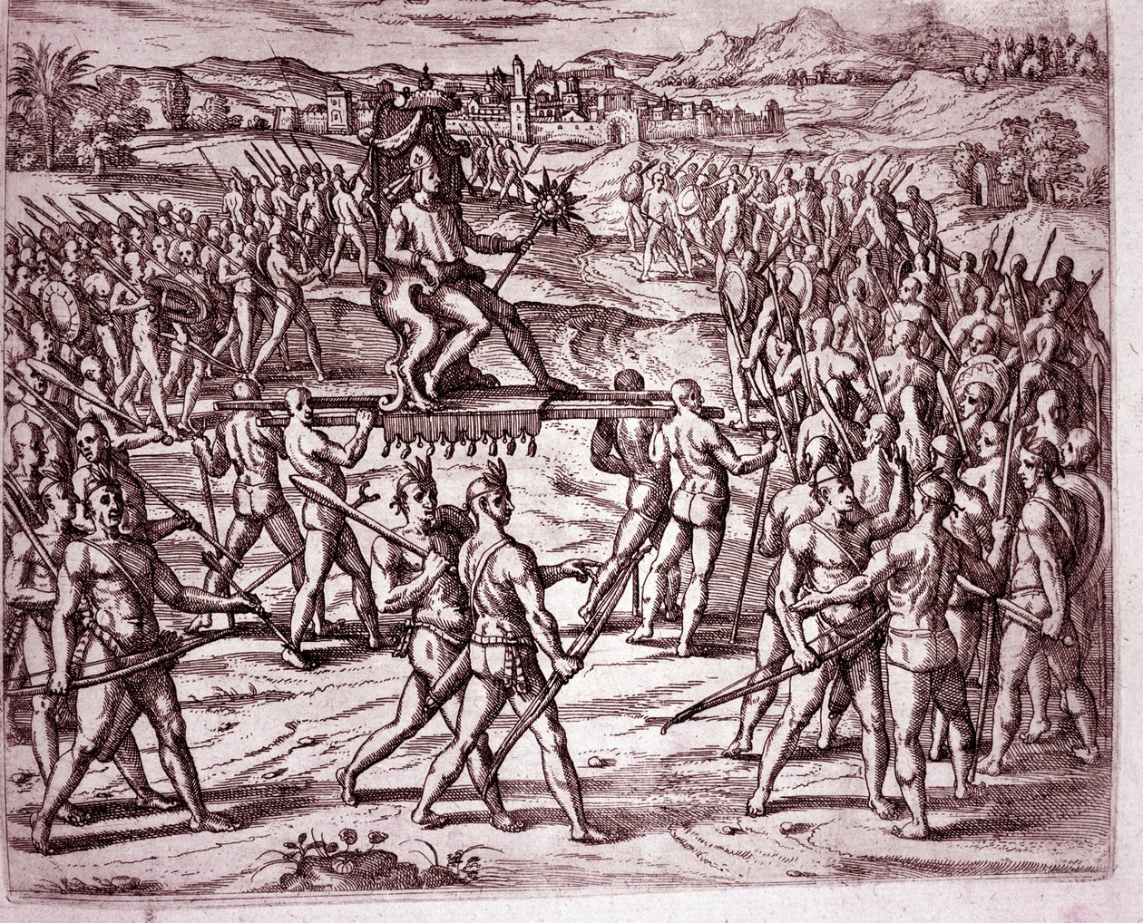 O rei Inca, Atahualpa (ou Atabaliba), segurando um ceptro em forma de sol, é levado em uma ninhada para encontrar Francisco Pizarro (Gravura de Theodore de Bry