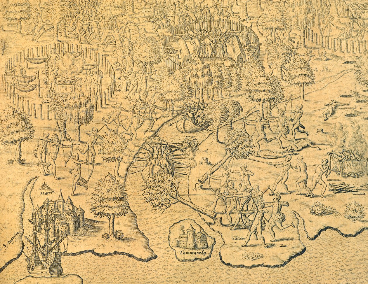 Os portugueses empurram para o interior e são atacados por uma tribo local de Theodore de Bry