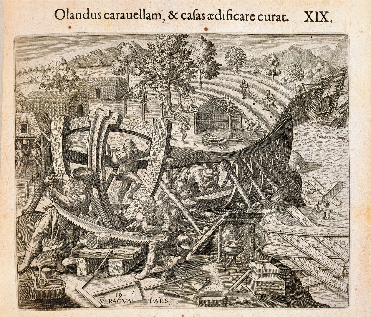 Os espanhóis construindo seu primeiro navio no Novo Mundo, gravado por Theodor de Bry (1528-1598) de Americae pars quarta, sive, Insignis et admiranda historia de reperta primum Occidentali India Christophoro Columbo, de Girolamo Benzoni de Theodore de Bry