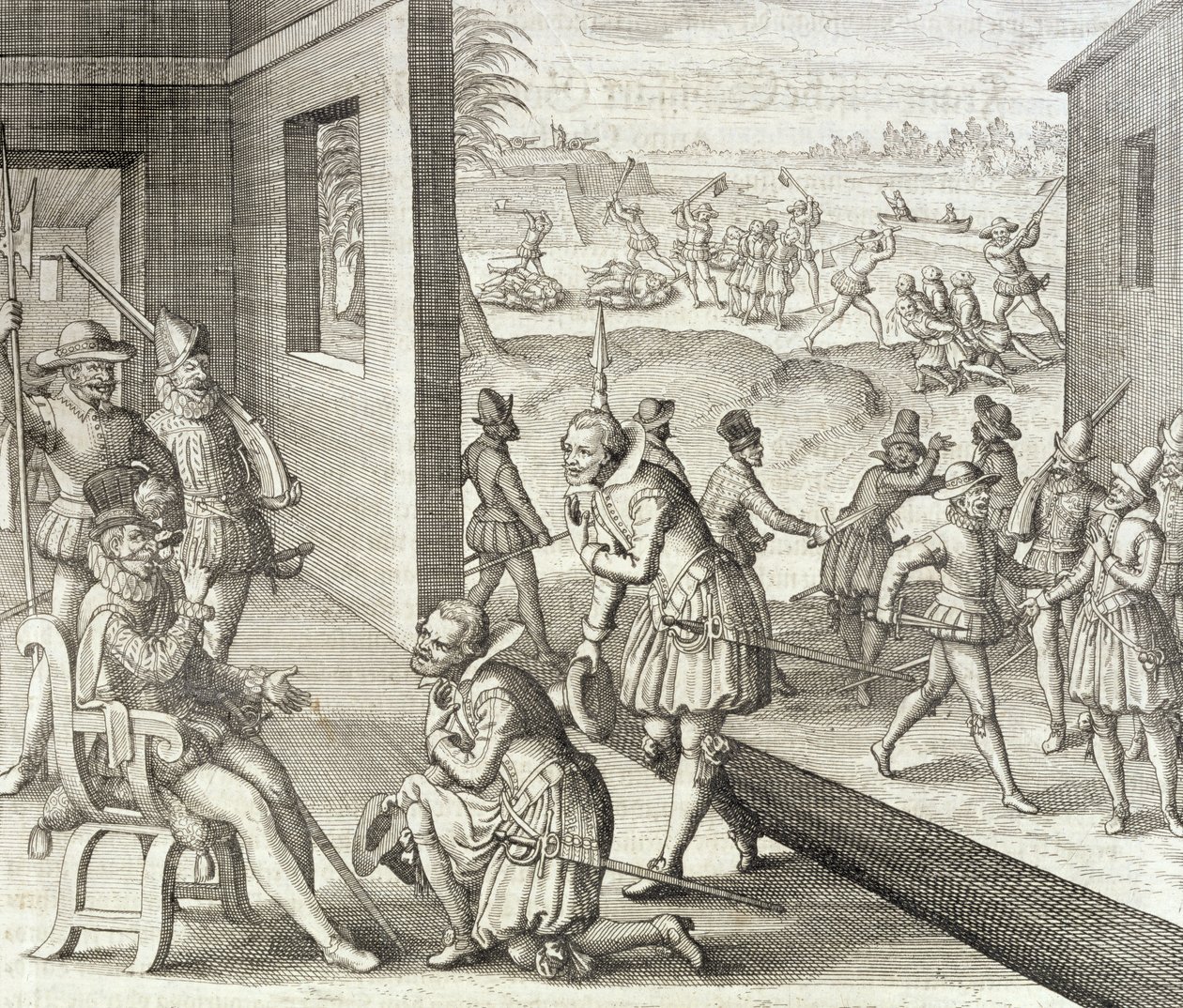 A captura espanhola Fort Caroline, 1565, de "O Novo Mundo e História Americana", de Johann Ludwig Gottfried, publicado por Mattaeus Merian, Frankfurt, 1631 de Theodore de Bry