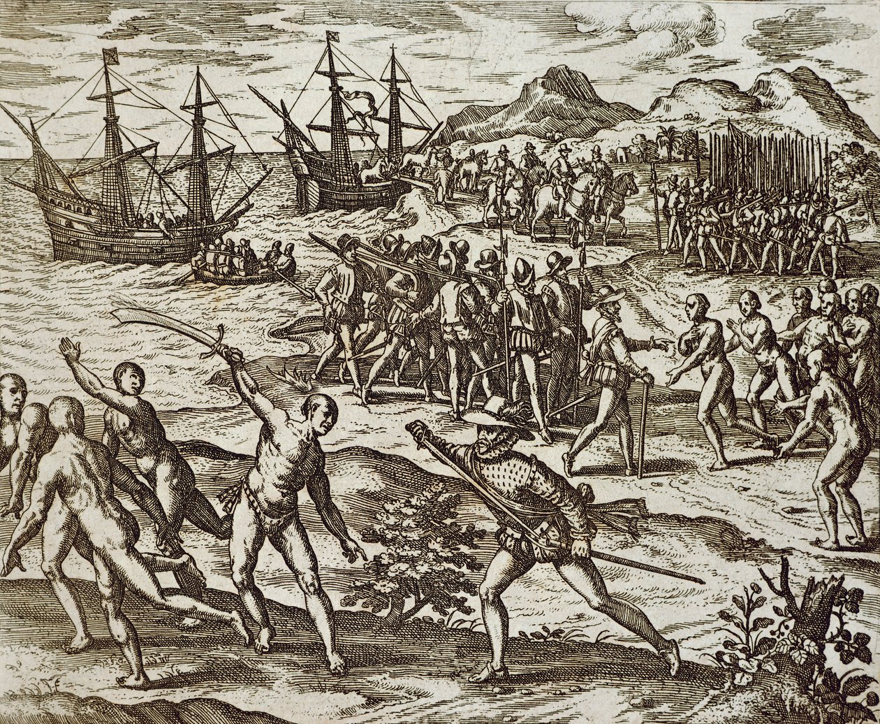 Os Espanhóis na América, por Theodore De Bry, gravando de Theodore de Bry
