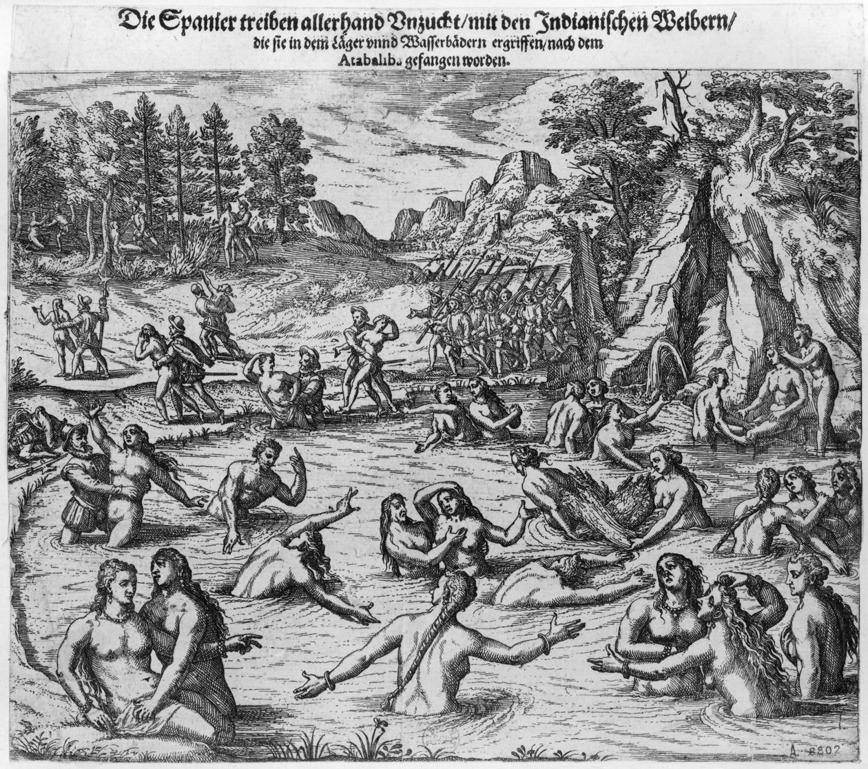 Os espanhóis abusando das mulheres indianas após a captura do rei Atahualpa (c.1502-33) em 1532 de Theodore de Bry