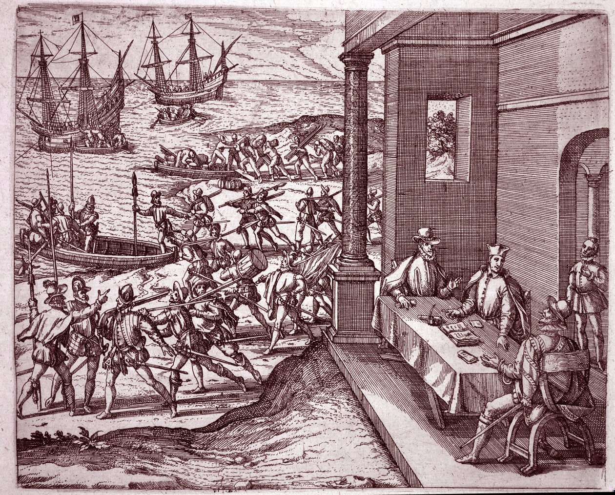 Os conquistadores espanhóis Francisco Pizarro, Diego de Almagro e Hernando de Luque uniram forças para conquistar o Peru (Gravura de Theodore de Bry