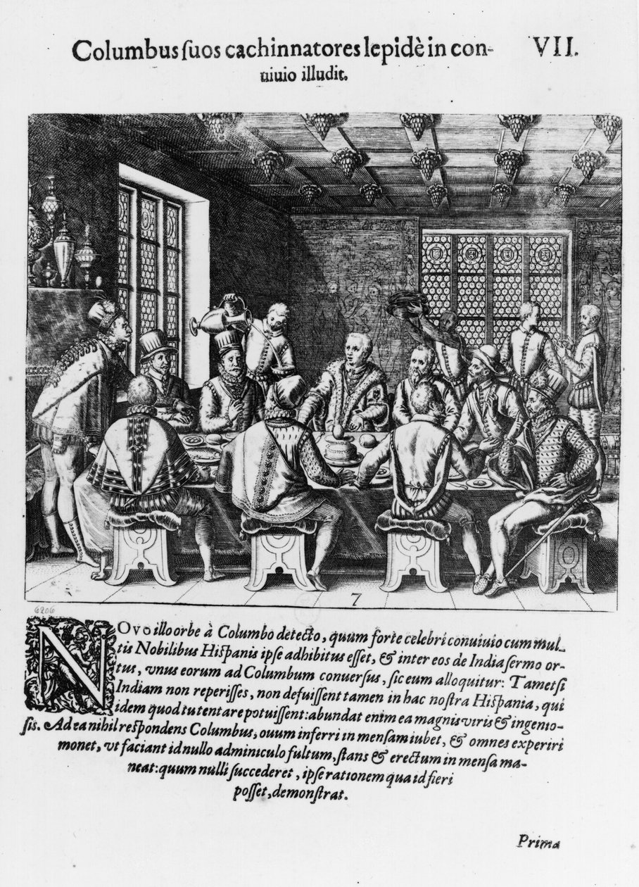 A história do ovo de Cristóvão Colombo (1450-1506) 1585-88 (gravura) (foto bw) de Theodore de Bry