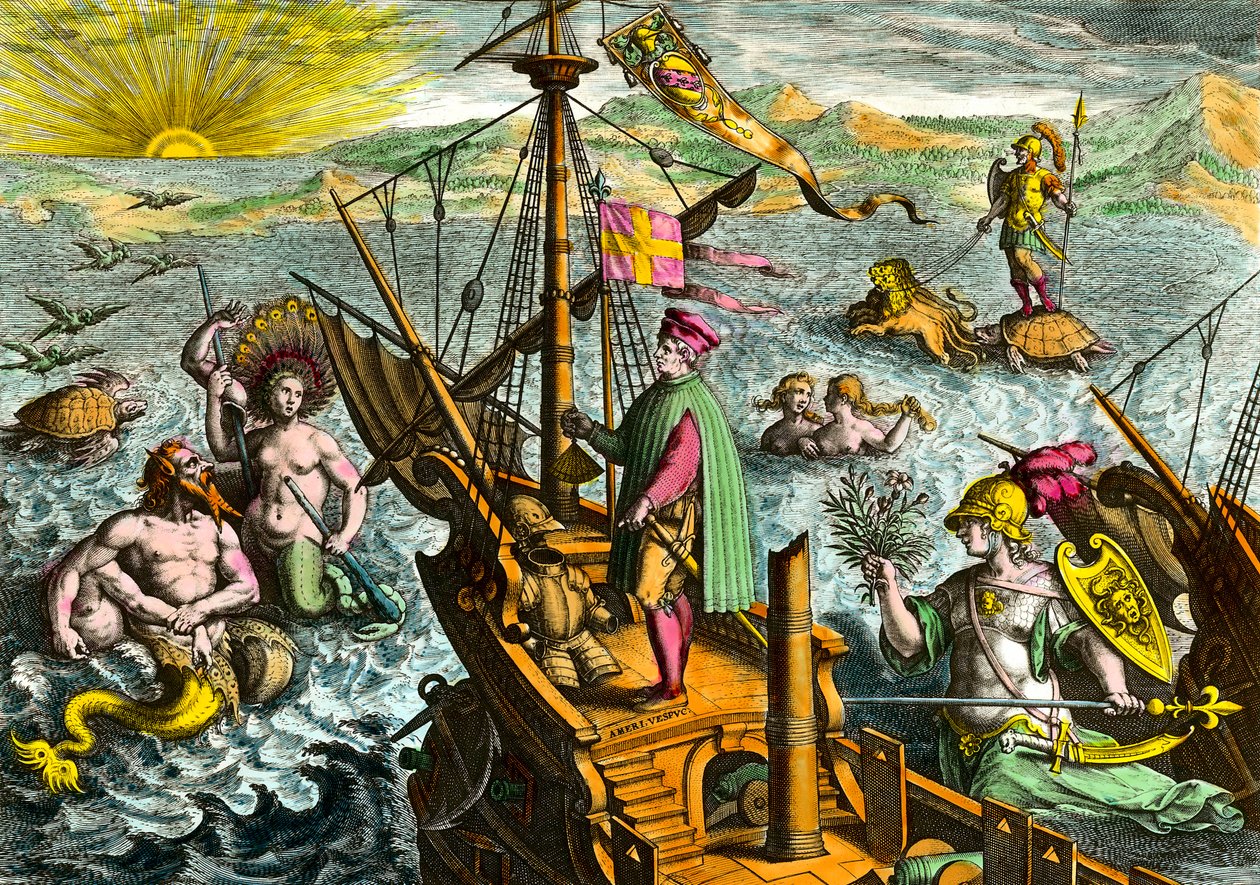 O barco do navegador italiano Amerigo Vespucci (1454 - 1512) de Theodore de Bry