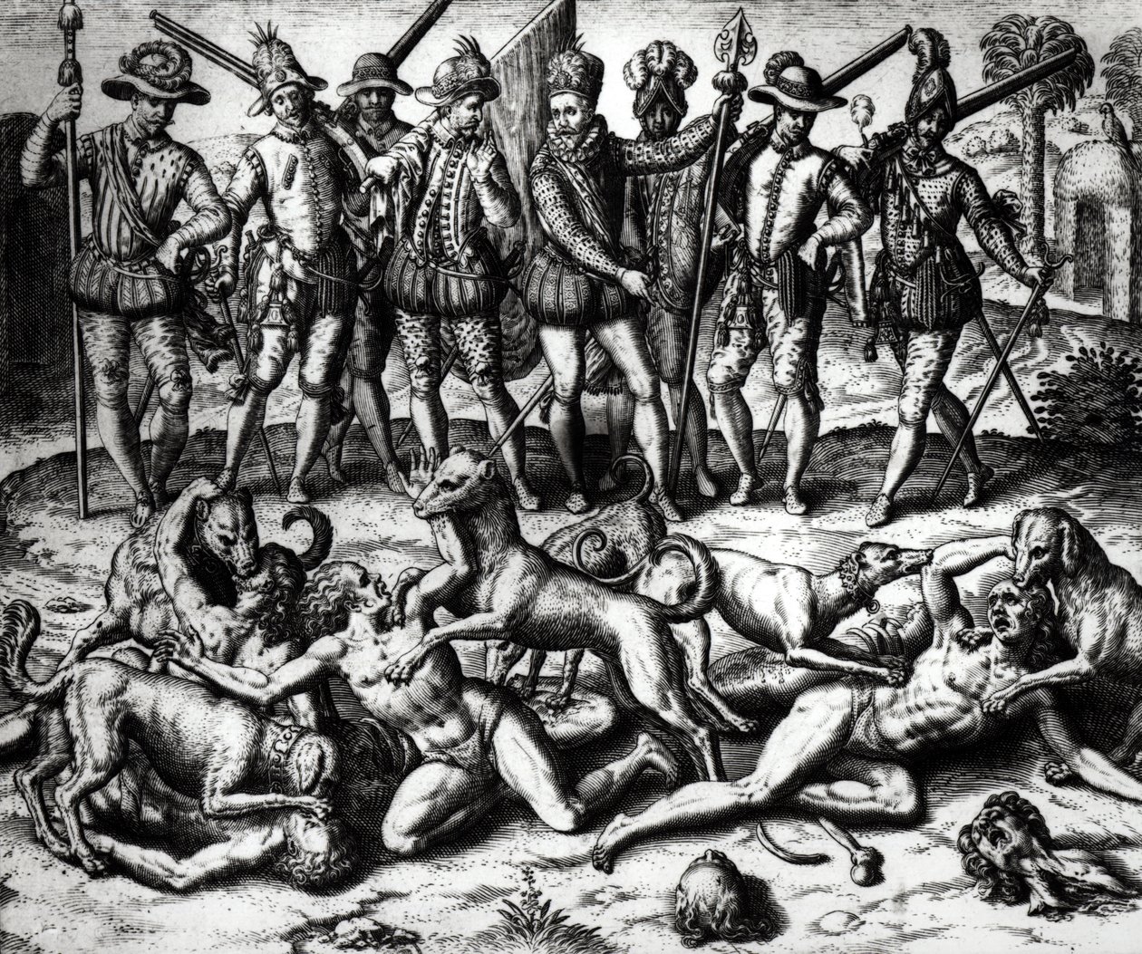 Os cães de Vasco Nunez de Balboa (1475-1571) atacando os índios de Theodore de Bry