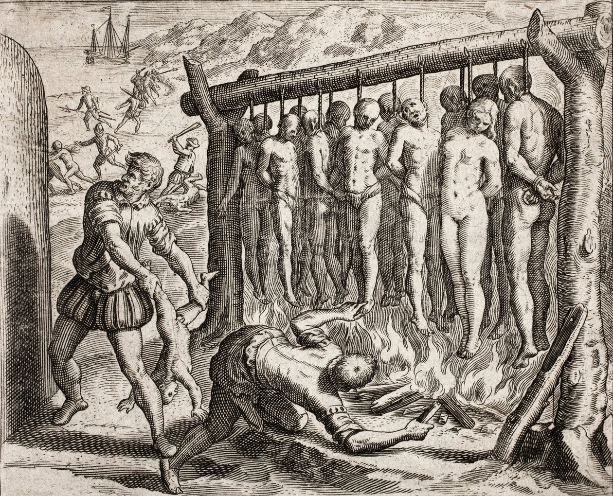Treze vítimas enforcadas e queimadas, representação de crimes infligidos aos índios por colonos espanhóis da 