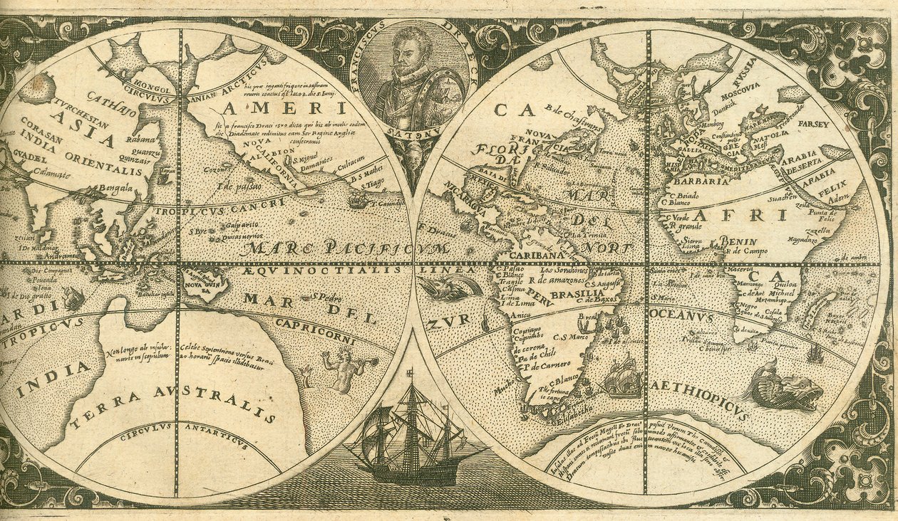 Página de rosto de Americae Pars VIII com um retrato de Francis Drake e seu navio, o Golden Hind, 1 de Theodore de Bry
