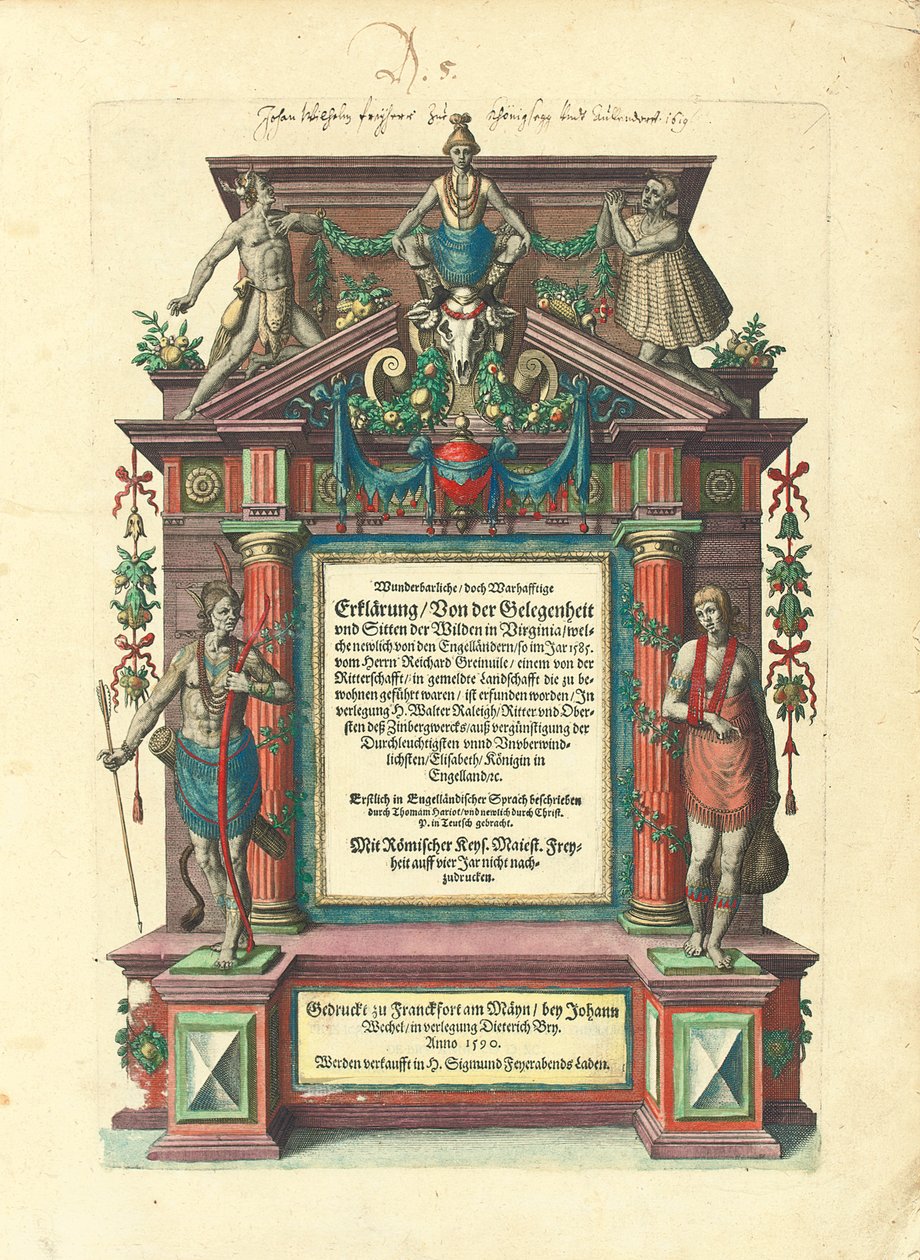 Página de rosto da primeira edição em alemão da primeira parte de "Grandes viagens: América", 1590 de Theodore de Bry
