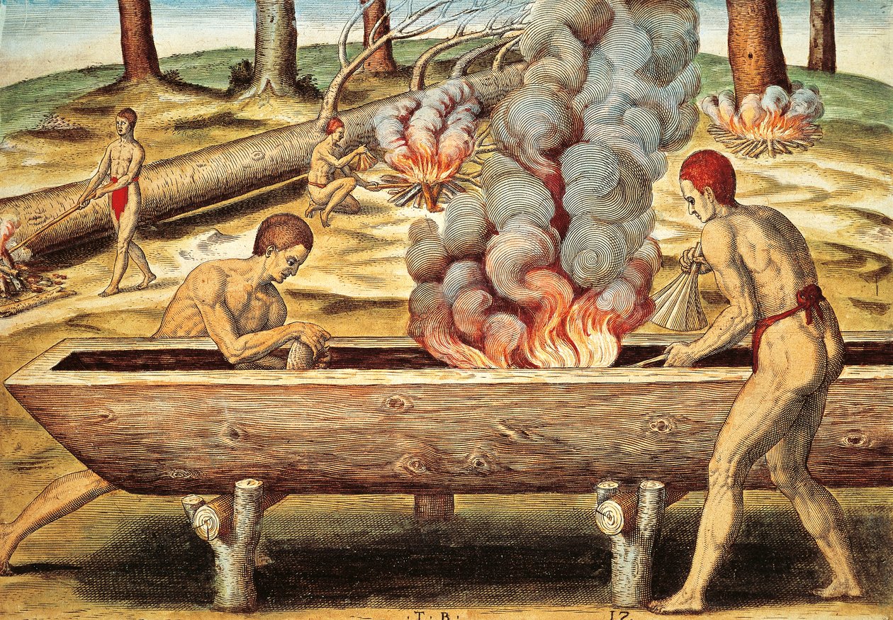 Nativos da Virgínia construindo uma piroga de Theodore de Bry