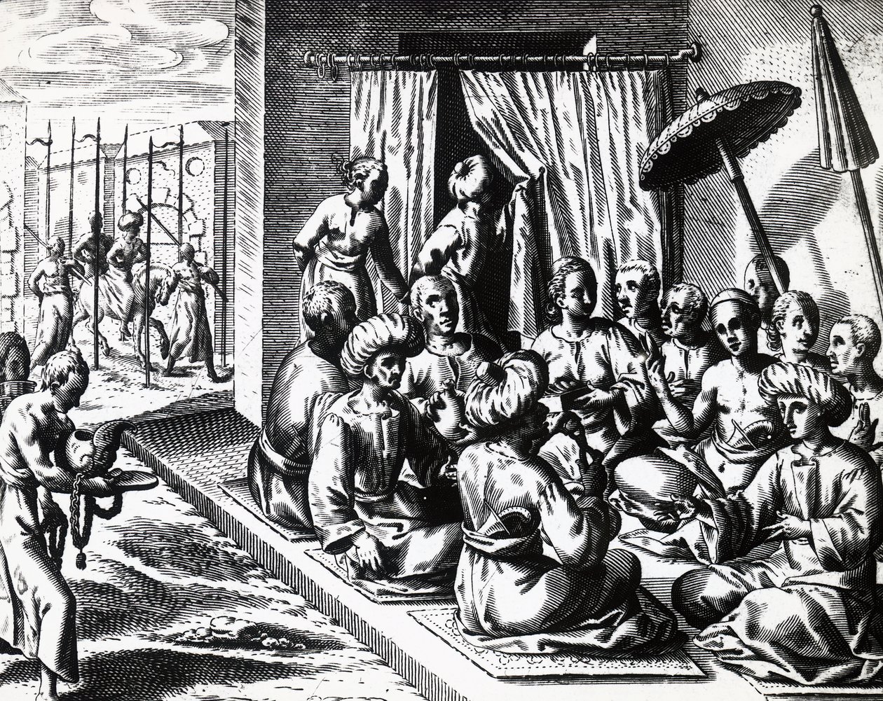 Cerimônia de casamento em Bantam, Ilha Java, por Theodor de Bry (1528-1598). gravura de Theodore de Bry