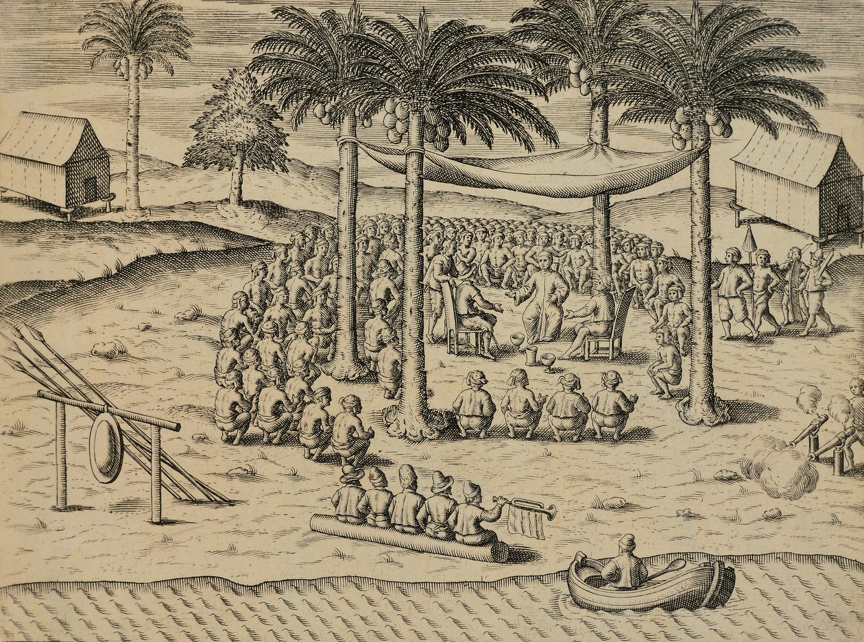 Bem-vindo de Indígenas Africanos, Ilustração de Indiae Orientalis por Antonio Pigafetta, por Theodore de Bry de Theodore de Bry