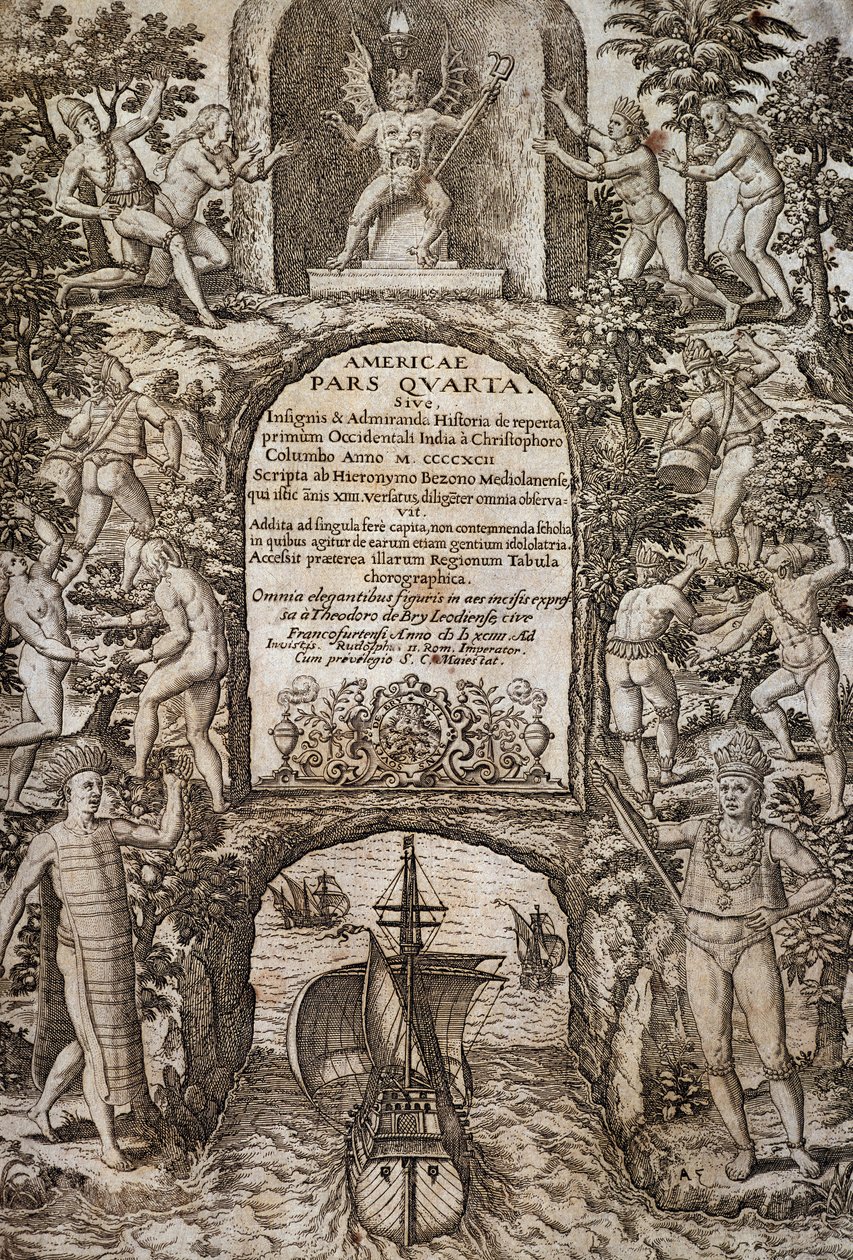 Índias Ocidentais ou América, por Theodor de Bry (1528-1598), frontispício, gravura de Theodore de Bry