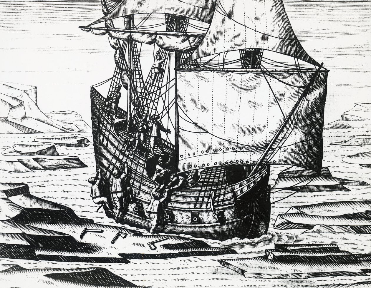 Navio de William Barents (ca. 1550-1597) durante terceira expedição holandesa em busca da Passagem do Nordeste, por Theodor de Bry (1528-1598), gravando de Theodore de Bry