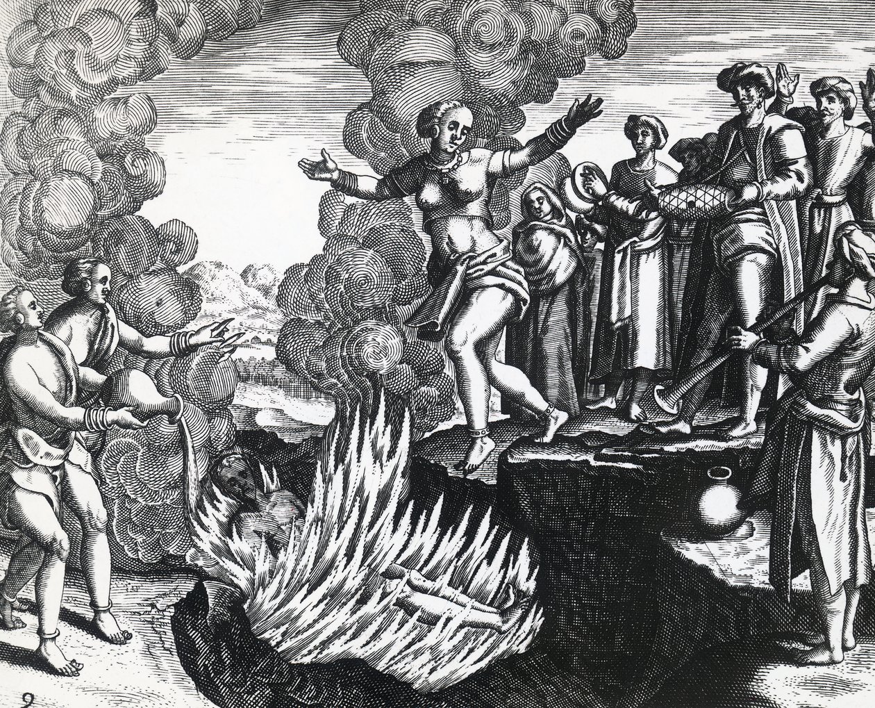 Mulher atirando-se na pira do marido, por Theodor de Bry (1528-1598), gravando de Theodore de Bry