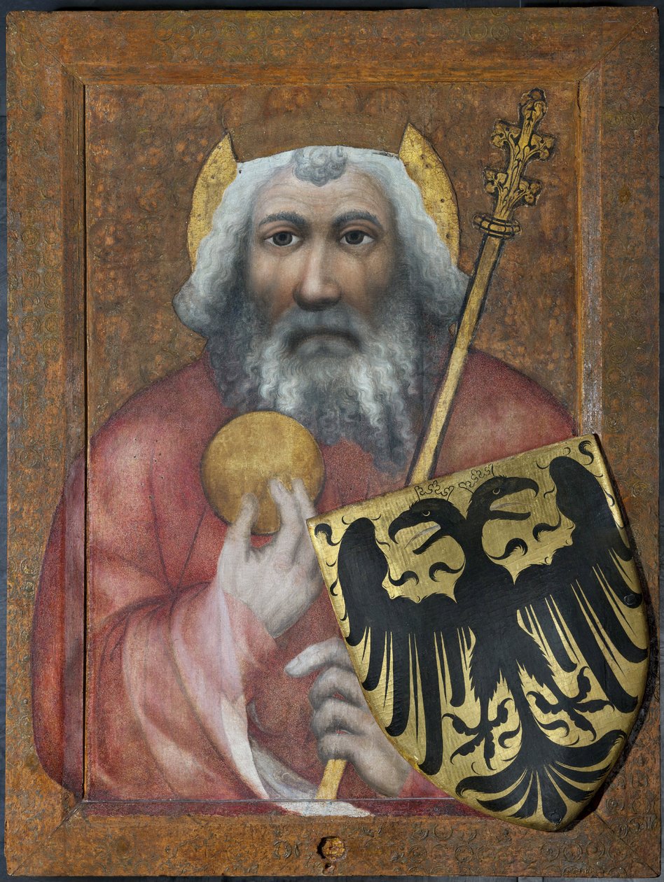 Carlos Magno - Carlos o Grande, Rei dos Francos - Teodórico de Praga (ativo ca 1360-1380). Tempera em painel de Theodoricus of Prague