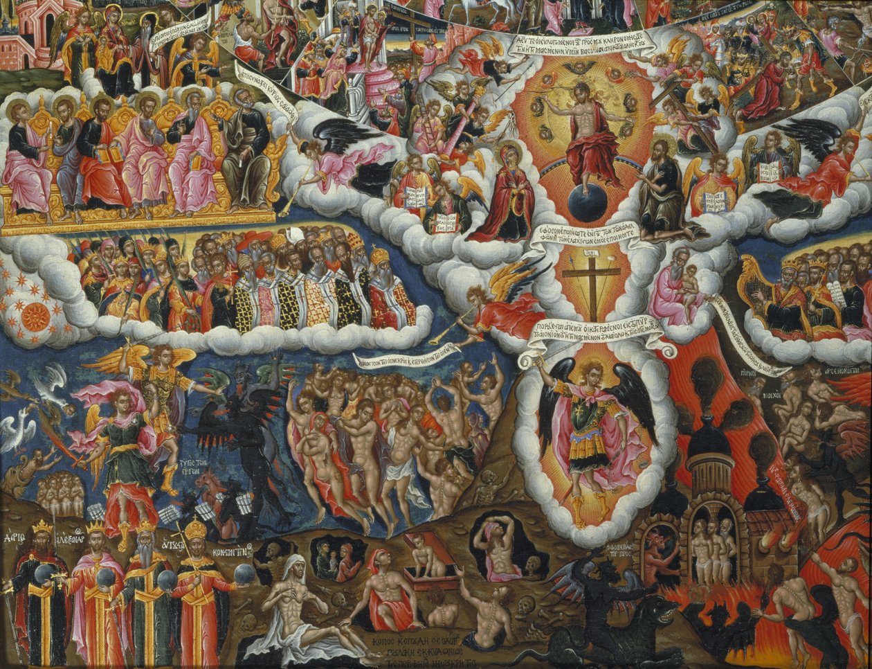 O Hino à Virgem, em Ti Alegra ... (tempera de ovo e folha de ouro no painel) (detalhe de 258109) de Theodoros Pulakis