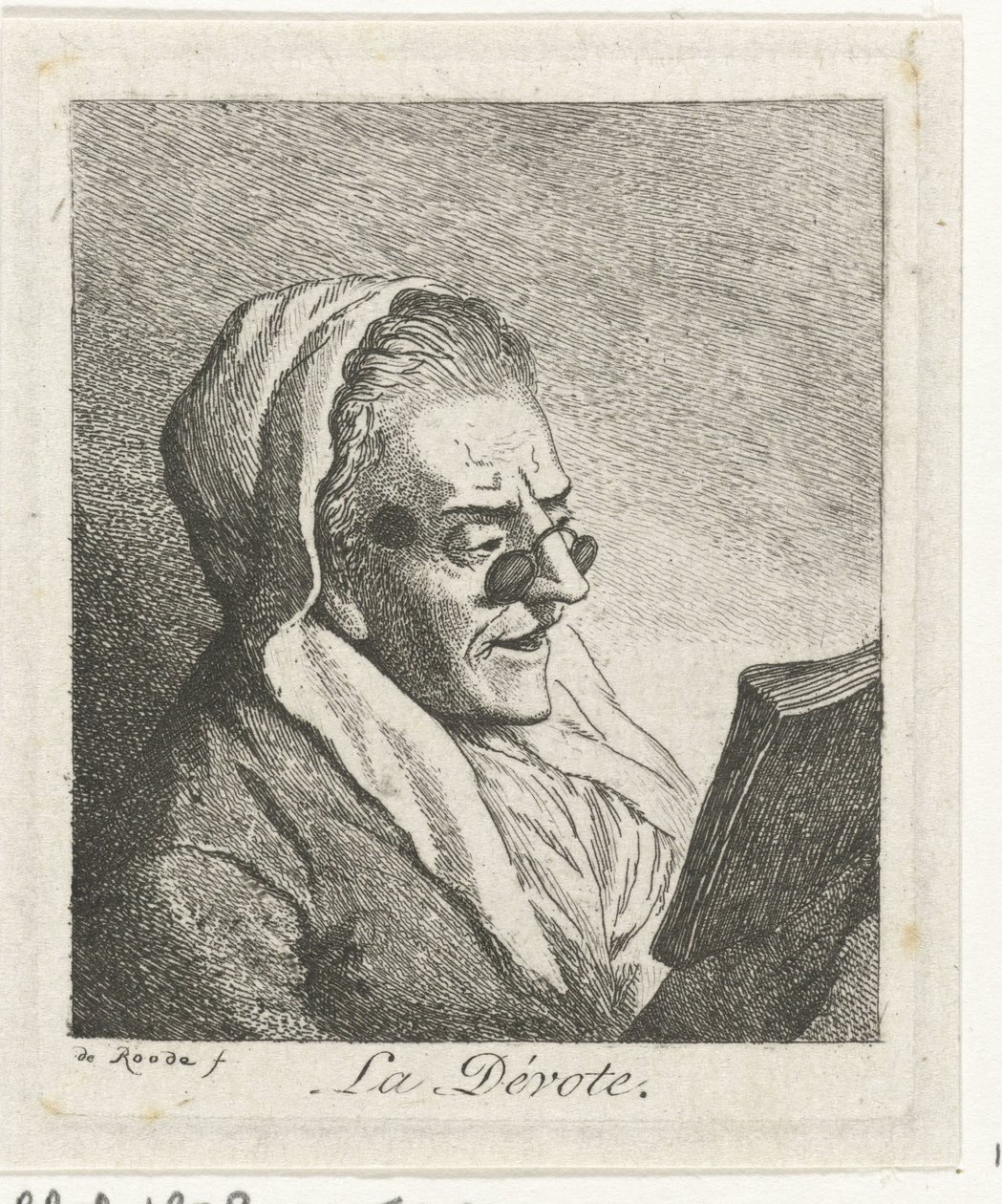 Leitura de velha mulher com óculos de beliscão
La Dévote (título sobre o objecto) de Theodorus de Roode